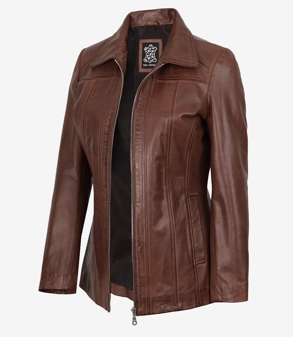 Marsha Women's Real Leather Cognac Brown Car Coat - Front