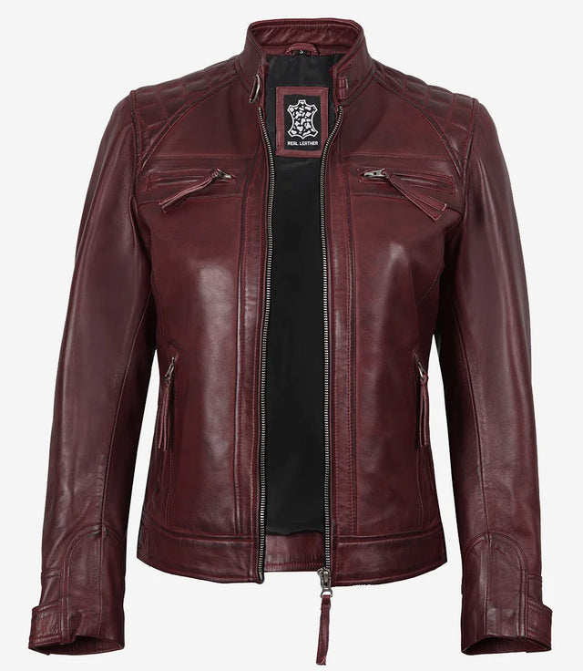 Women's burgundy quilted cafe racer leather jacket