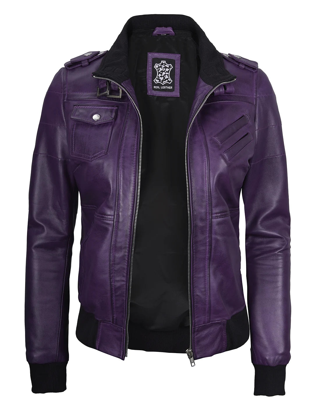 womens hooded leather jacket purple 