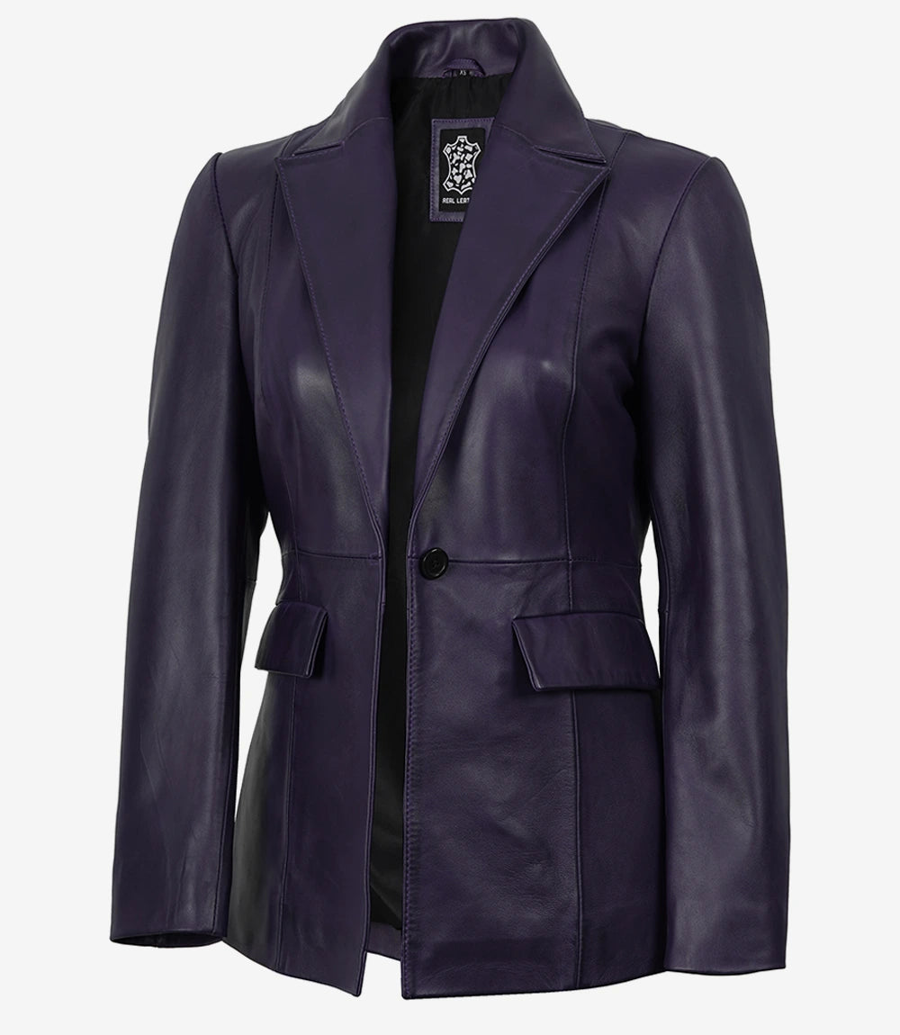 Women's Single Button Purple Real Leather Blazer - Front