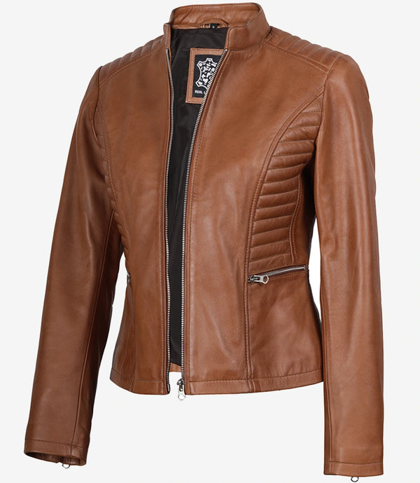 Women's Petite Tan Brown Wax Cafe Racer Leather Jacket
