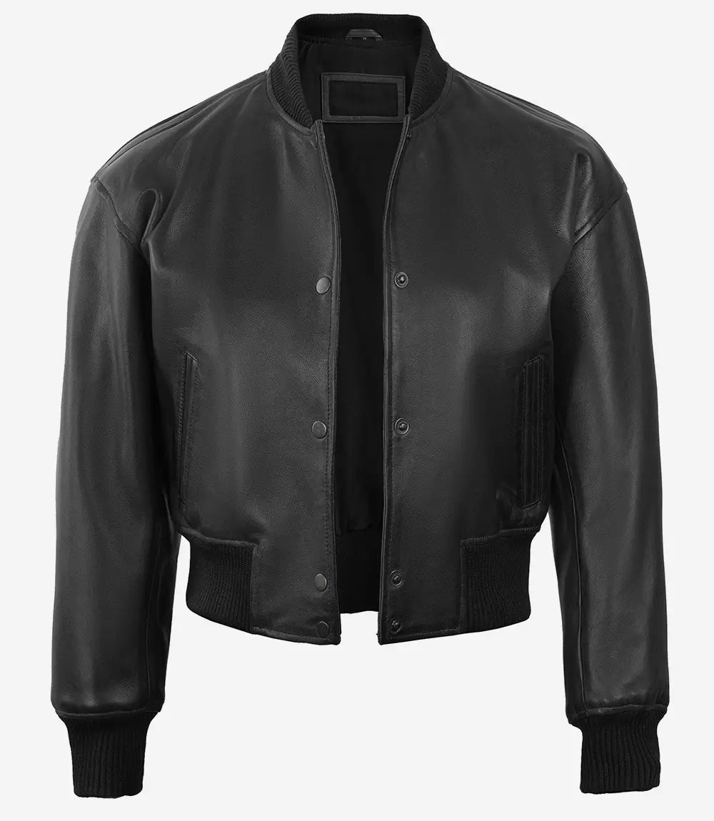 Black Cropped Leather Jacket Womens 