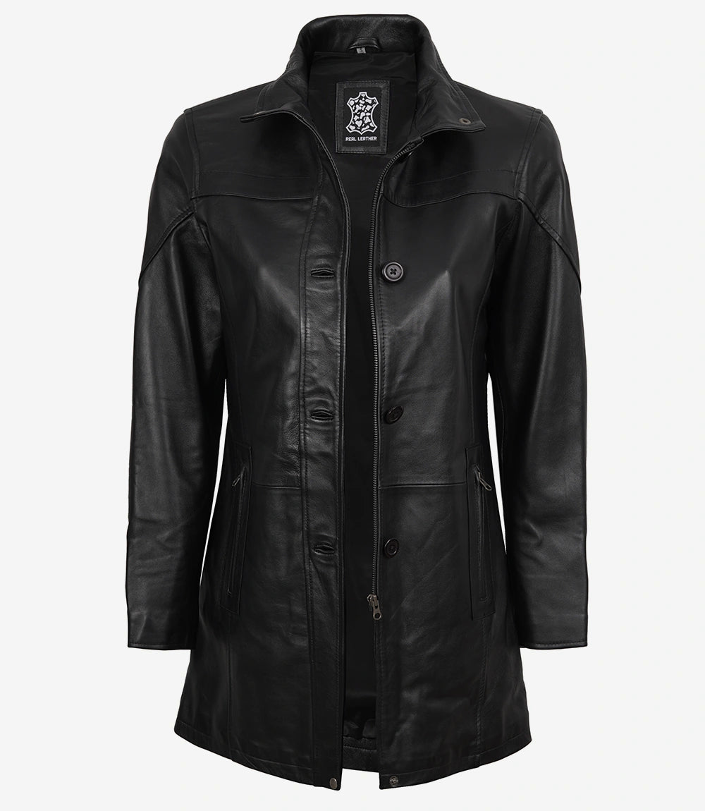 Women's Black Leather 3/4 Length Car Coat – Decrum
