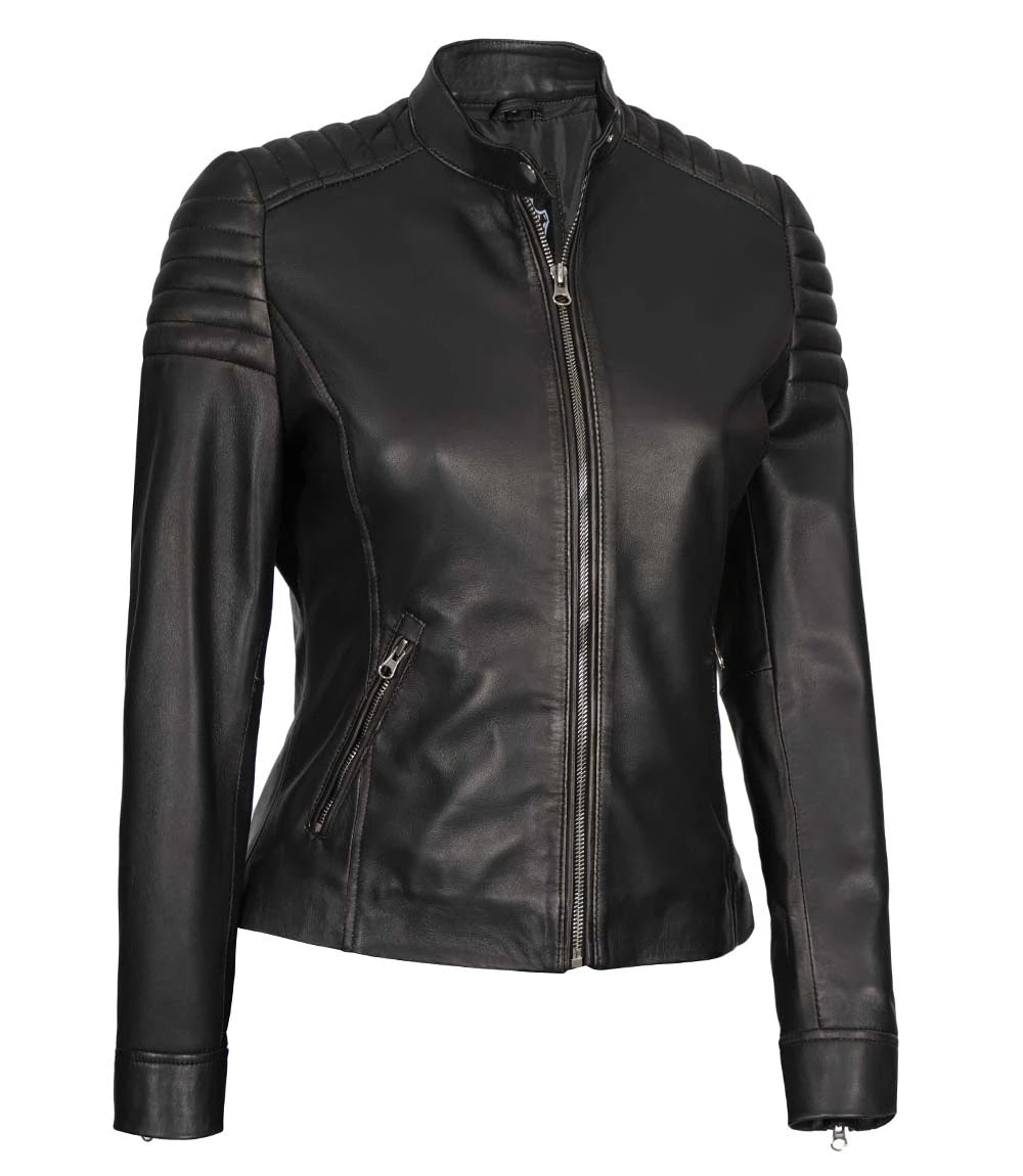 Ladies black leather jacket best sale