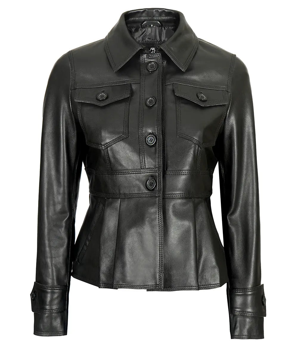 black short peplum leather jacket