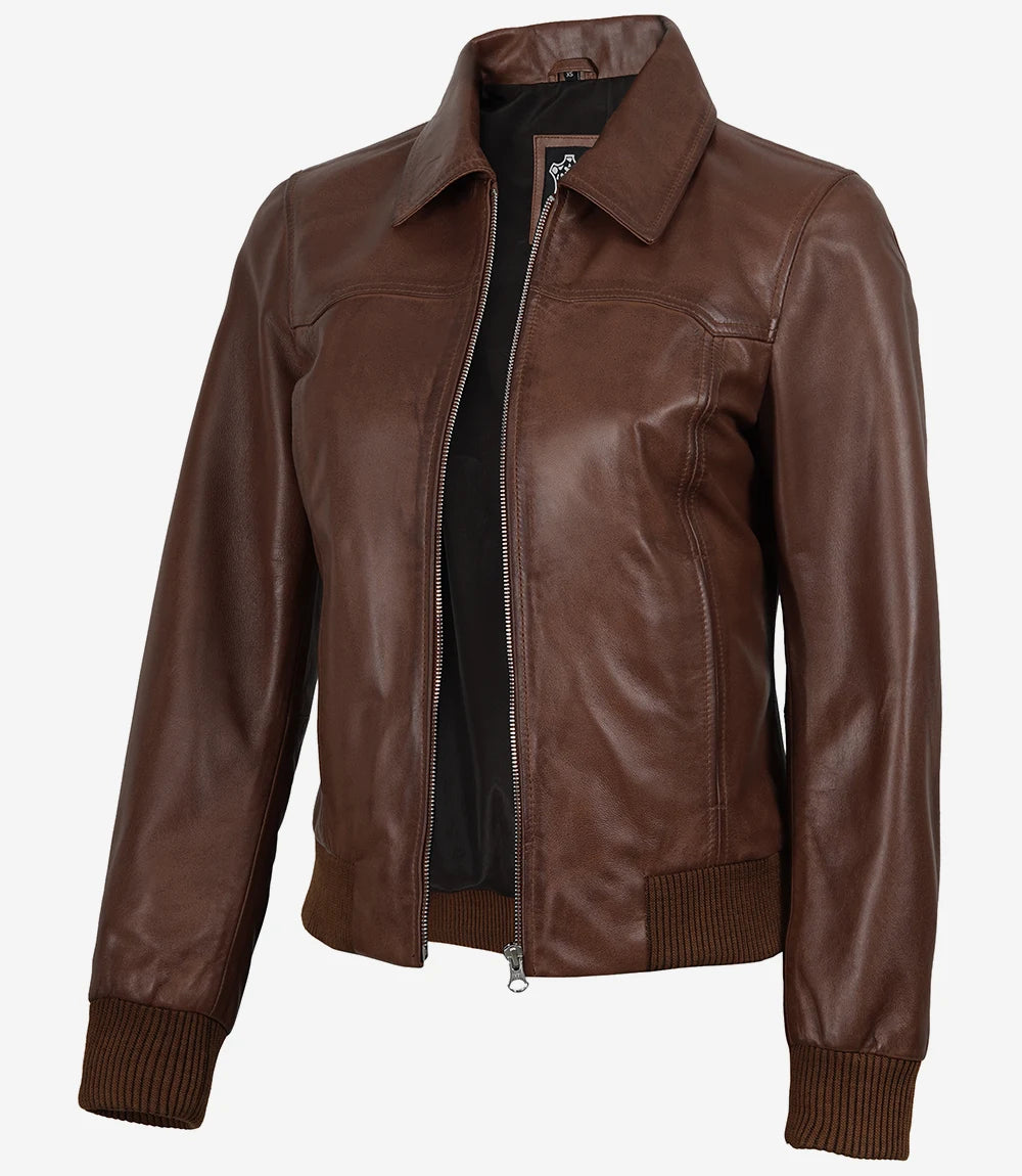 Women's Harrington Cognac Wax Leather Bomber Jacket – Decrum