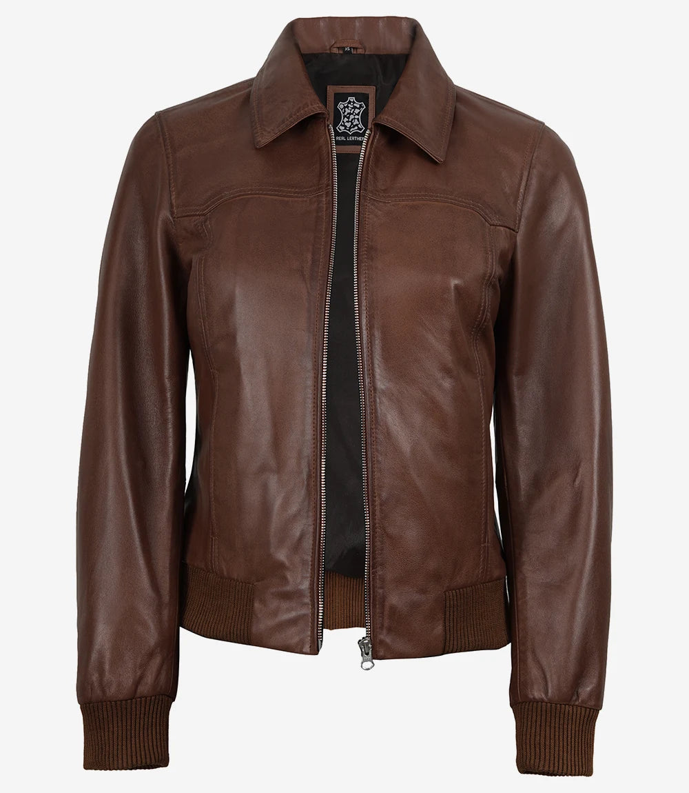 Women's Harrington Cognac Wax Leather Bomber Jacket – Decrum