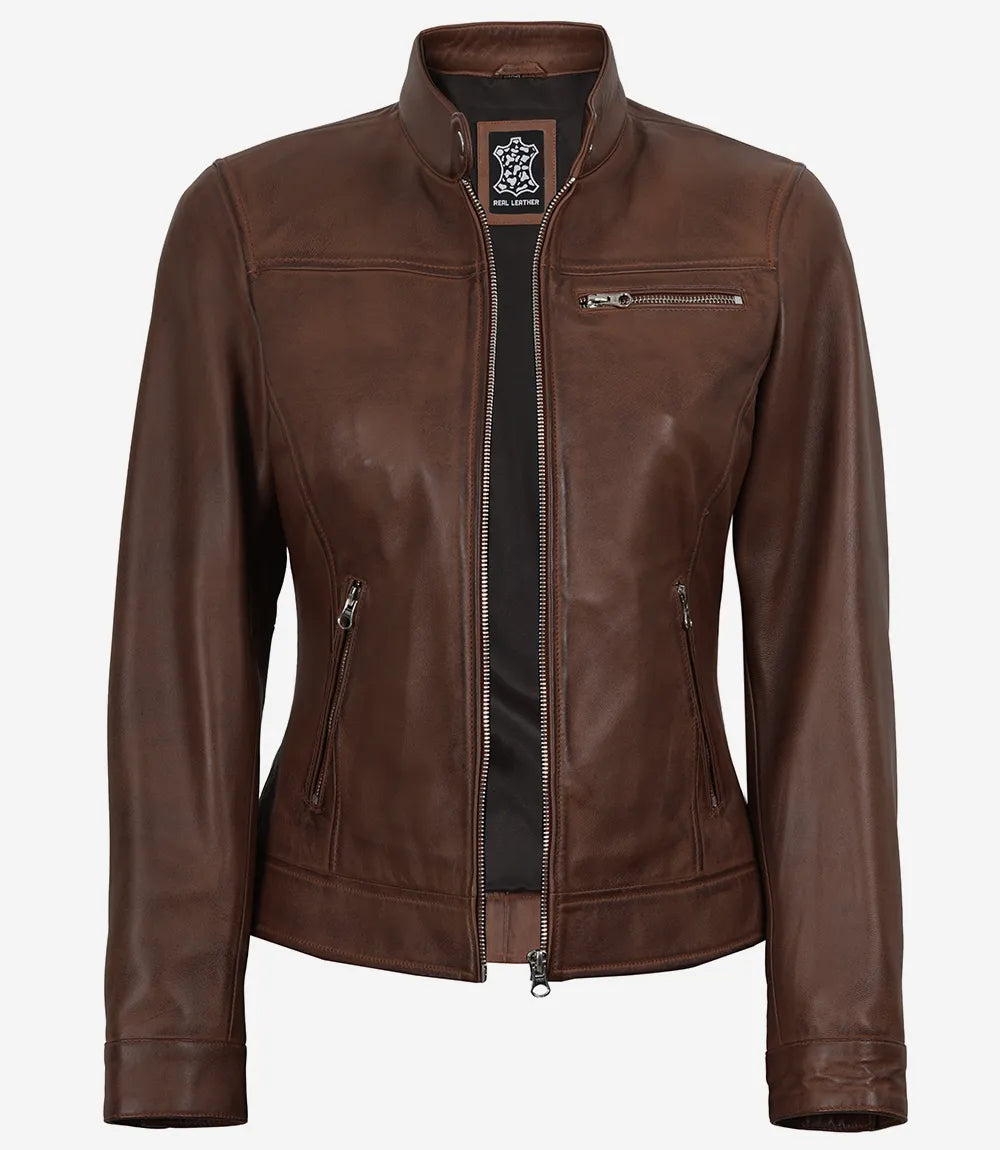 Women's Cognac Wax Lambskin Cafe Racer Jacket – Decrum