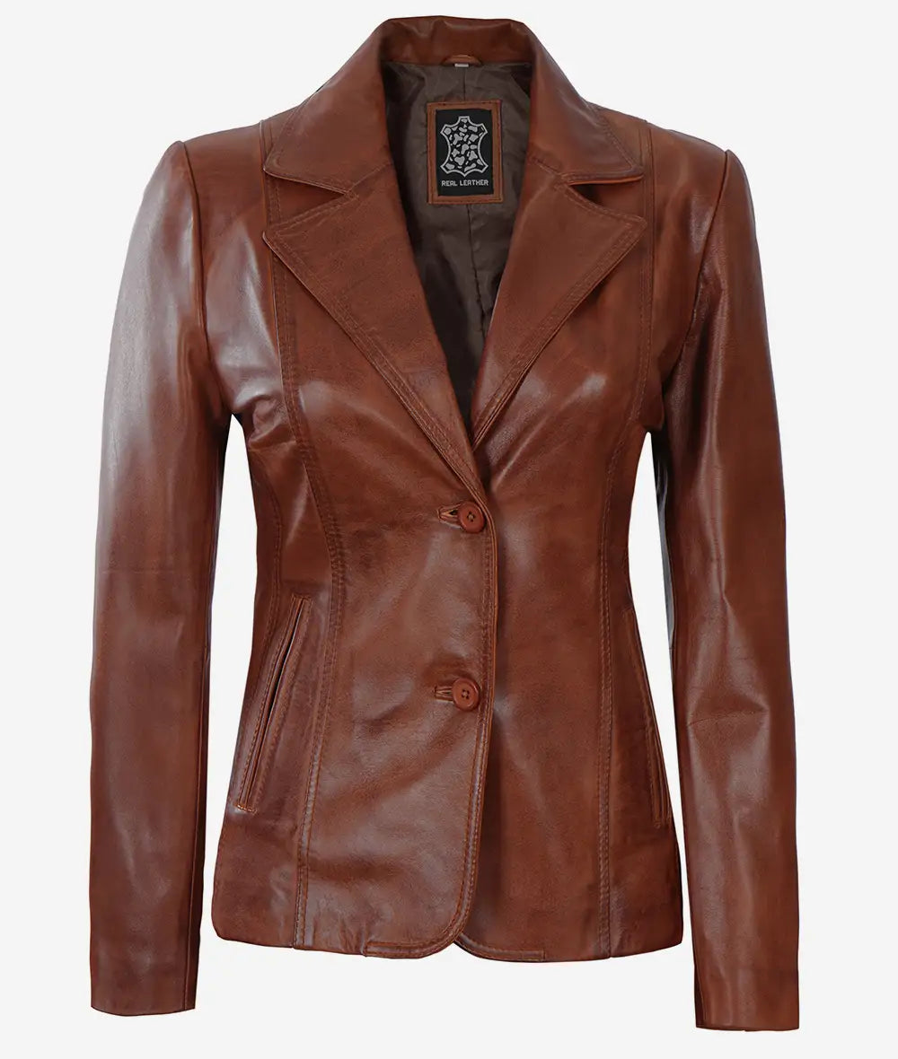 Women cognac leather blazer