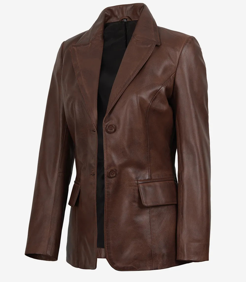 Women's Cognac Wax Lambskin Two-Button Blazer - Front