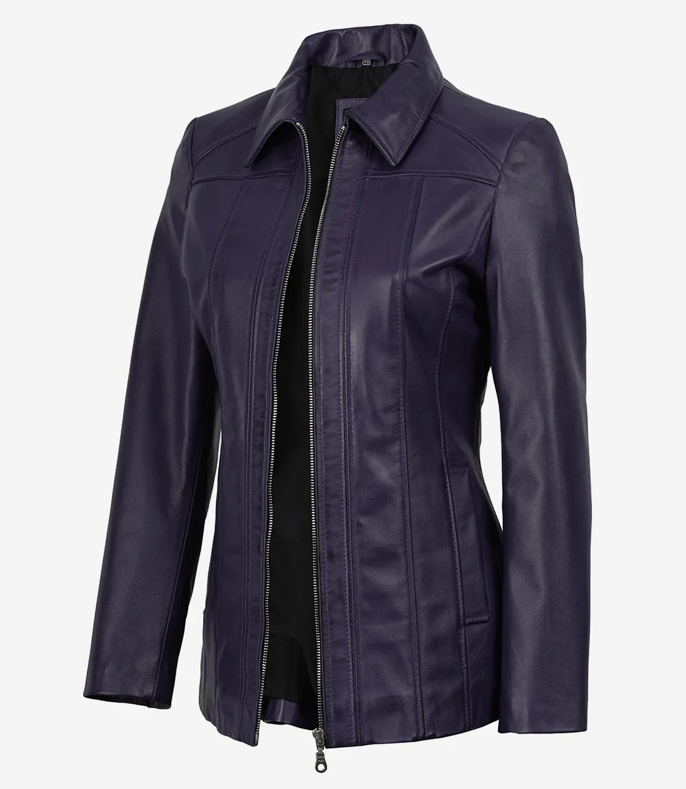 Women's Purple 3/4 Length Lambskin Coat with Shirt Collar - Front