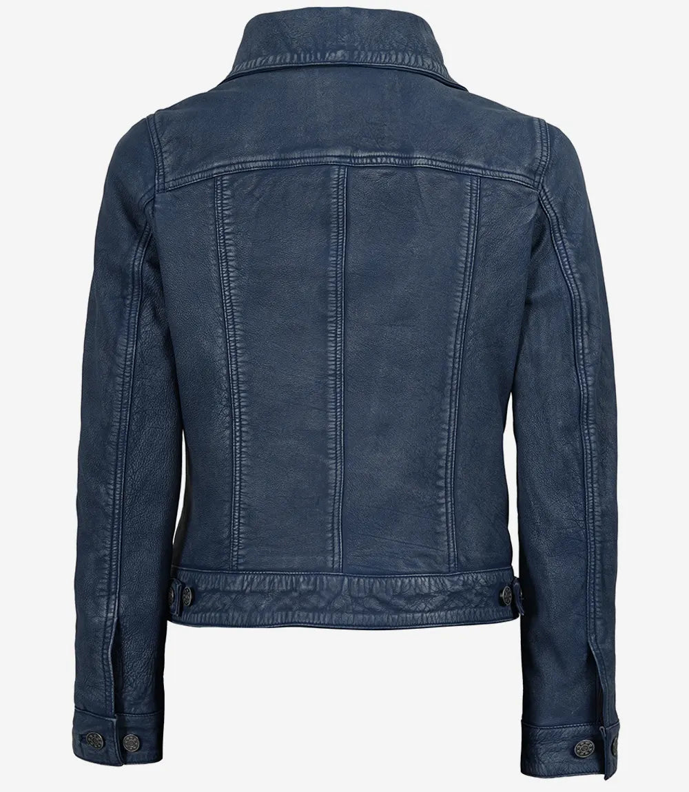 Women's Denim-Style Blue Washed Trucker Leather Jacket – Decrum