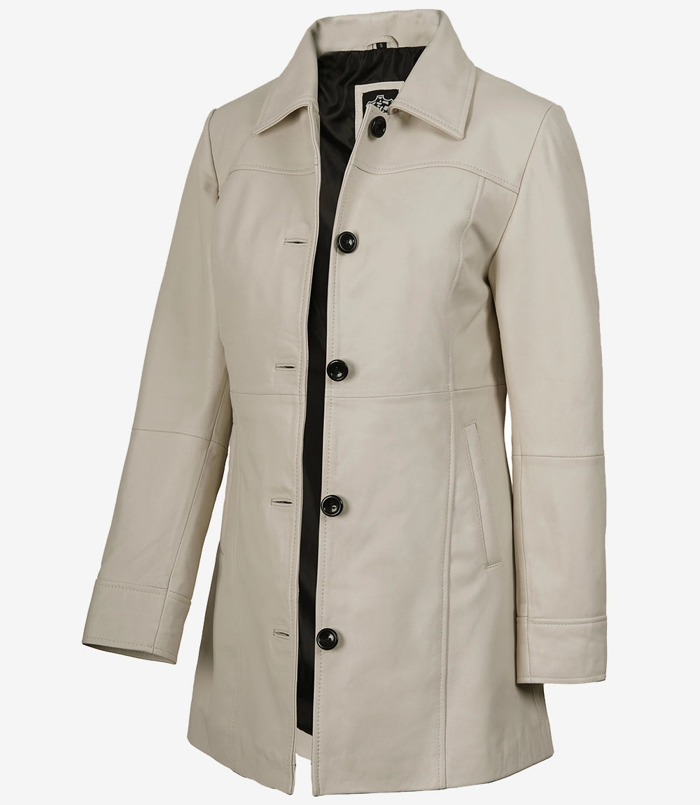 Women's Off-White Lambskin 3/4 Length Car Coat - Front