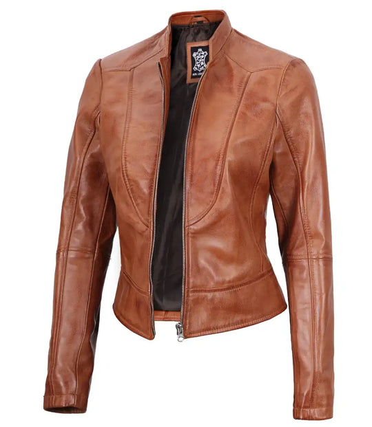 women tan leather jacket