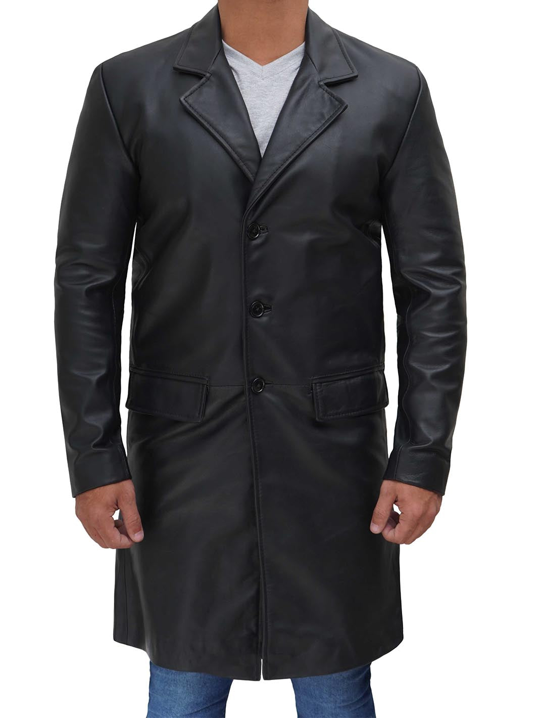 Men's Long Black Real Cowhide Leather Trench Coat – Decrum