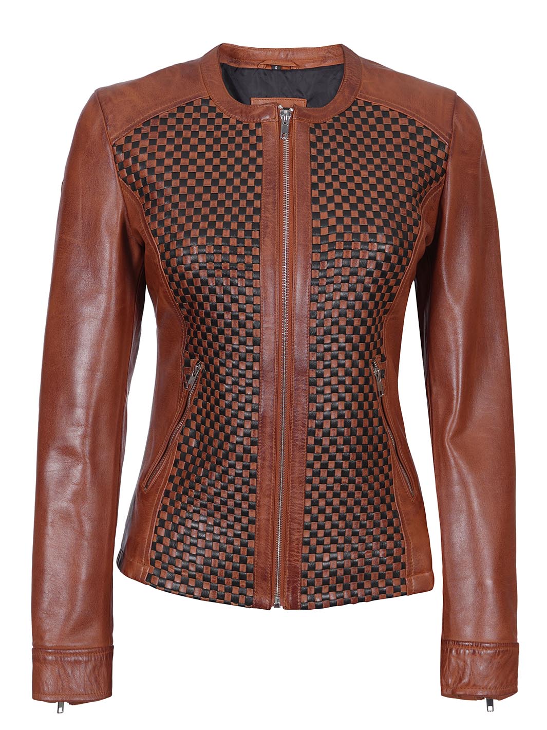 Maude Women Brown Textured Leather Biker Jacket decrumnew