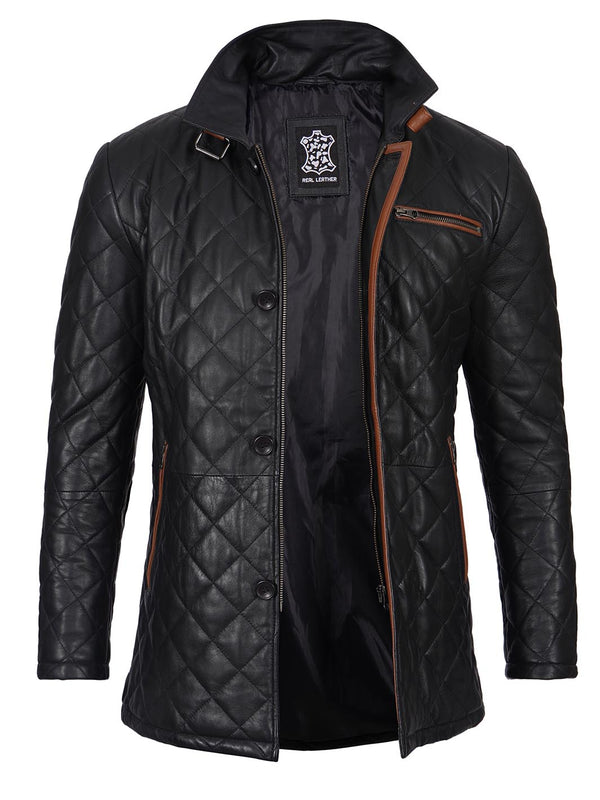 Glen Men Black Quilted Leather Car Coat 