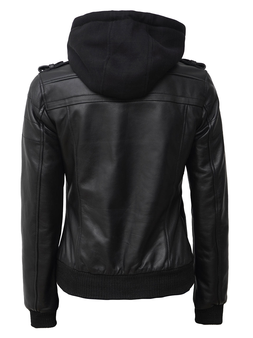 Womens Black Bomber Leather Jacket with Removable Hooded Decrum