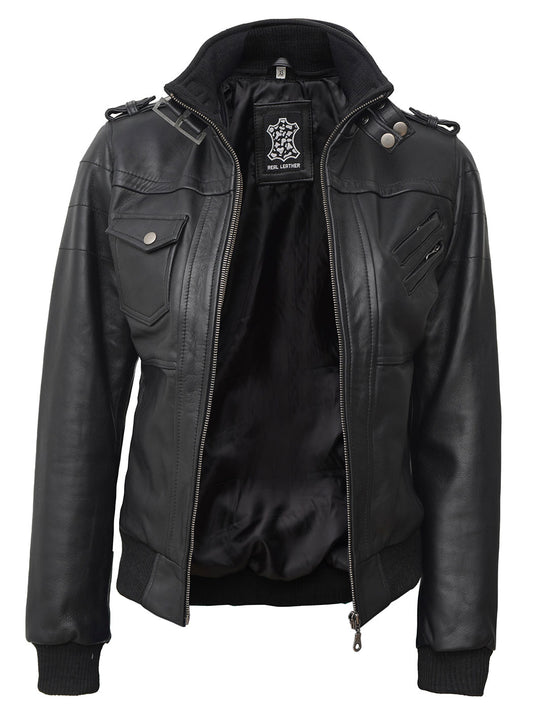 Womens Black Leather Jacket with Hood | Get Extra Discount – Decrum