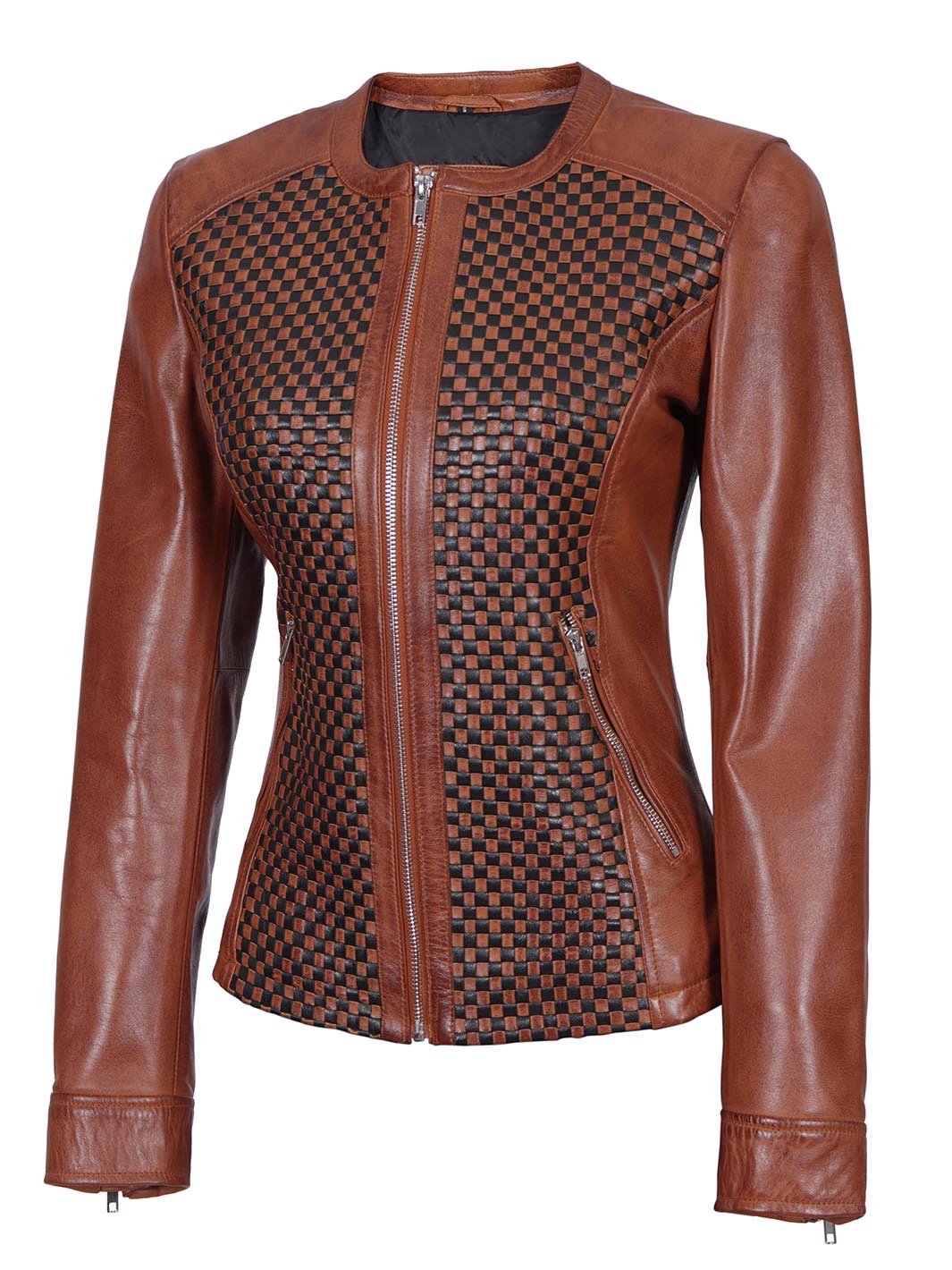 Maude Women Brown Textured Leather Biker Jacket decrumnew