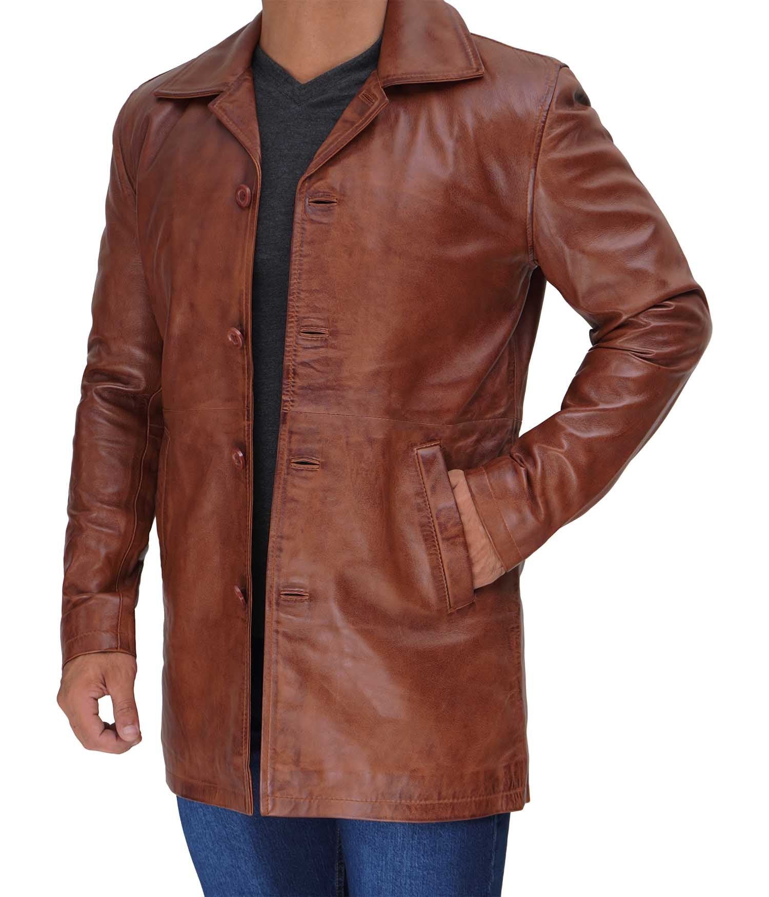 Men s Tan Distressed Leather Car Coat Vintage and Rugged Decrum