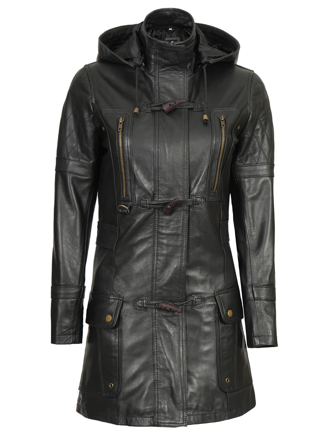 Women s Black 3 4 Length Leather Coat With Hood Decrum