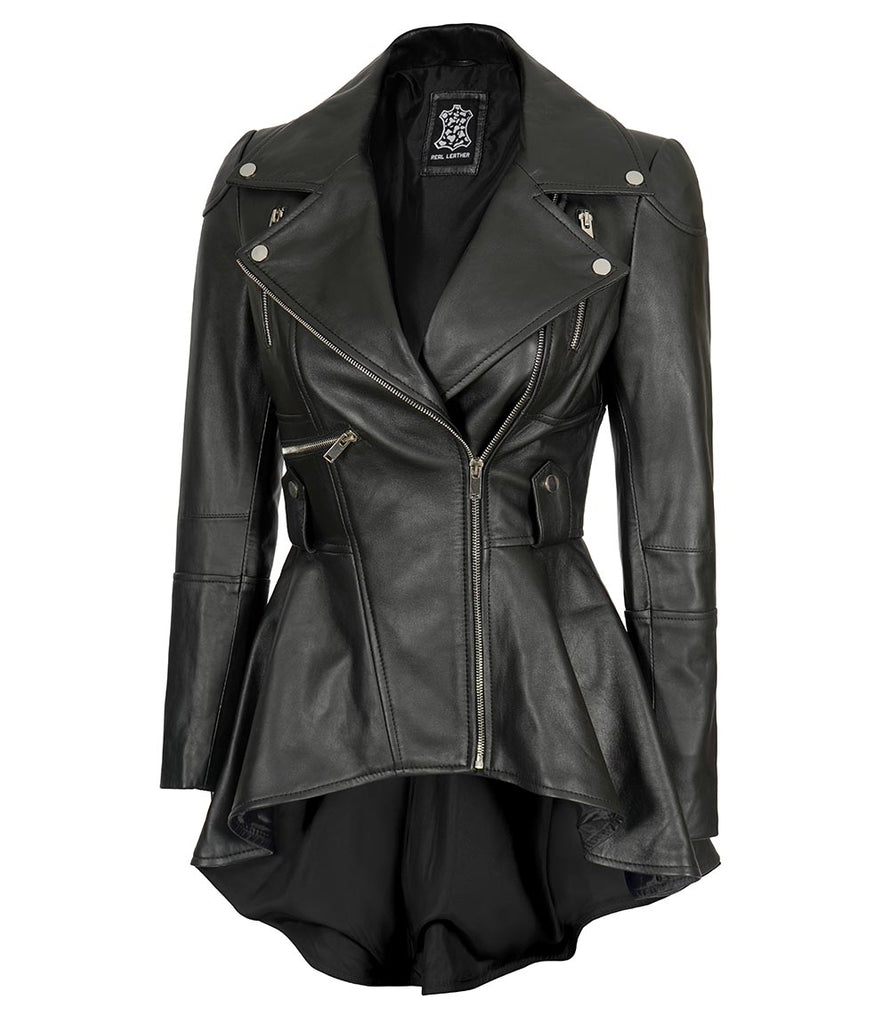 Womens Black Asymmetrical Padded Leather Biker Jacket In Canada