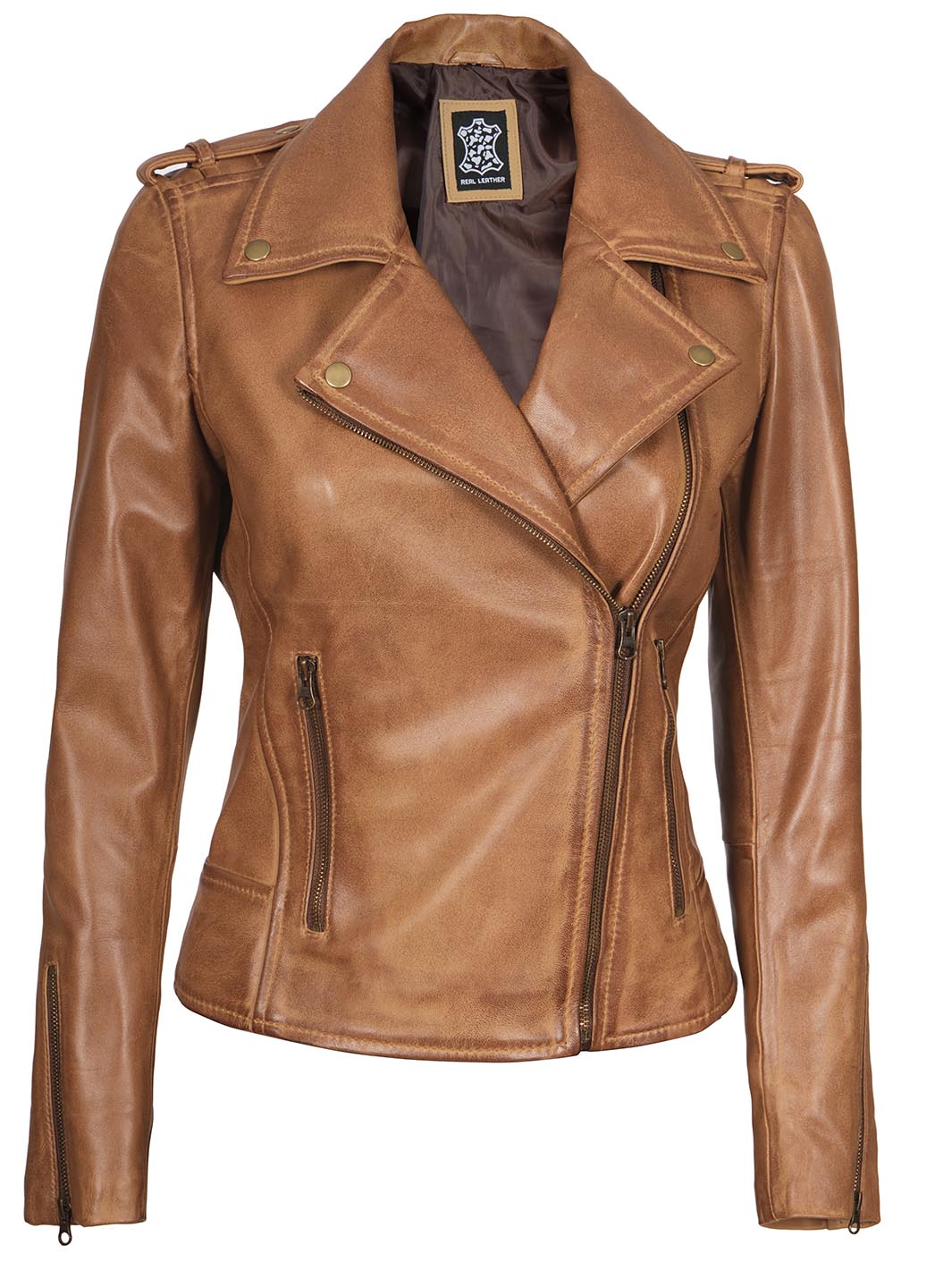 Kirsten Womens Asymmetrical Camel Brown Leather Jacket Decrum