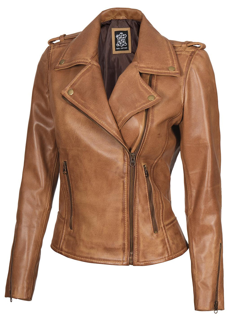 Women's Camel Asymmetrical Biker Leather Jacket – Decrum