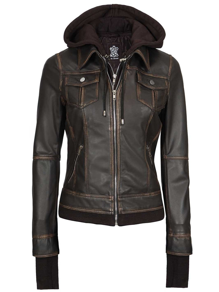 Hooded Brown Leather Bomber Jacket Women